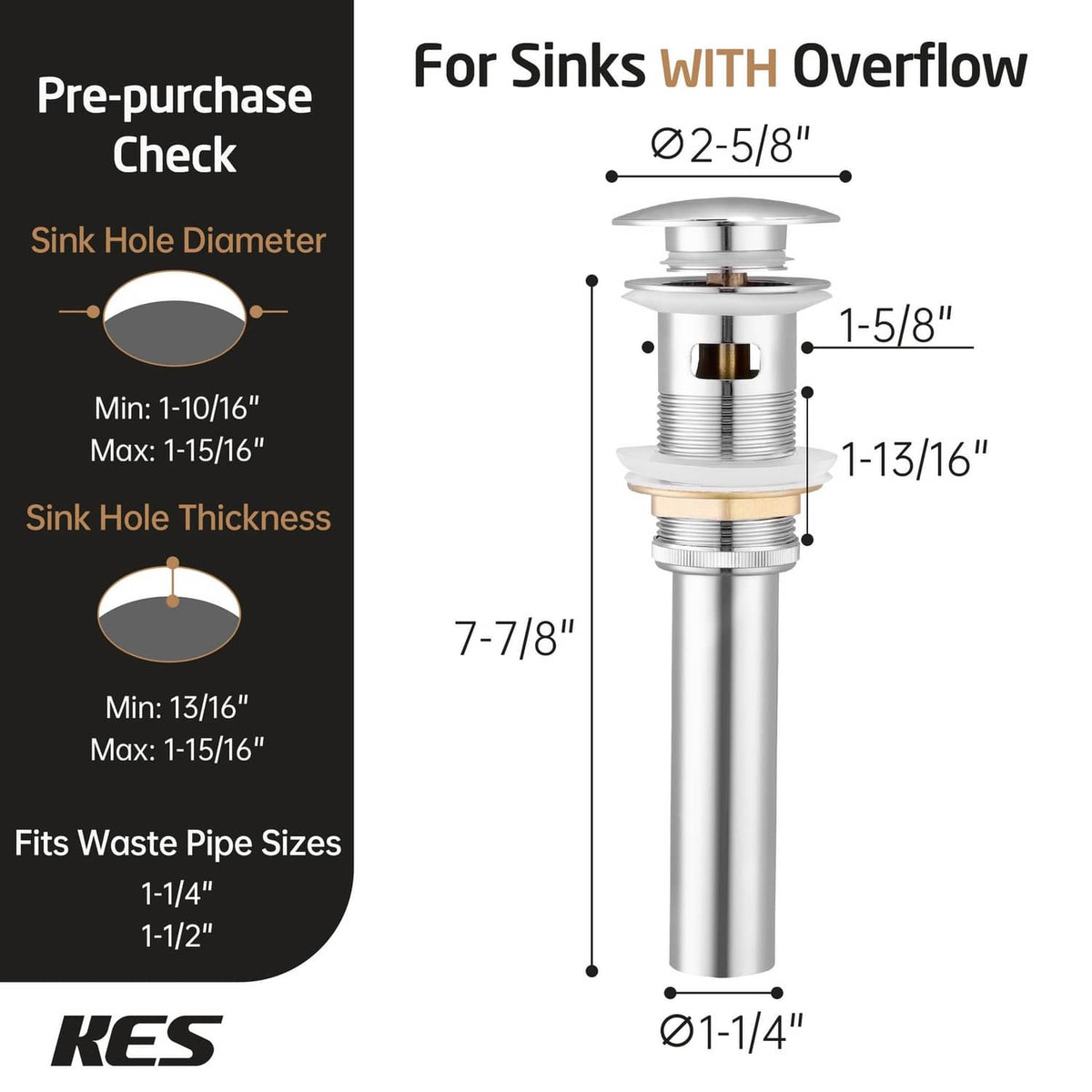 Bathroom sink drain with overflow, size and sink-hole fit chart