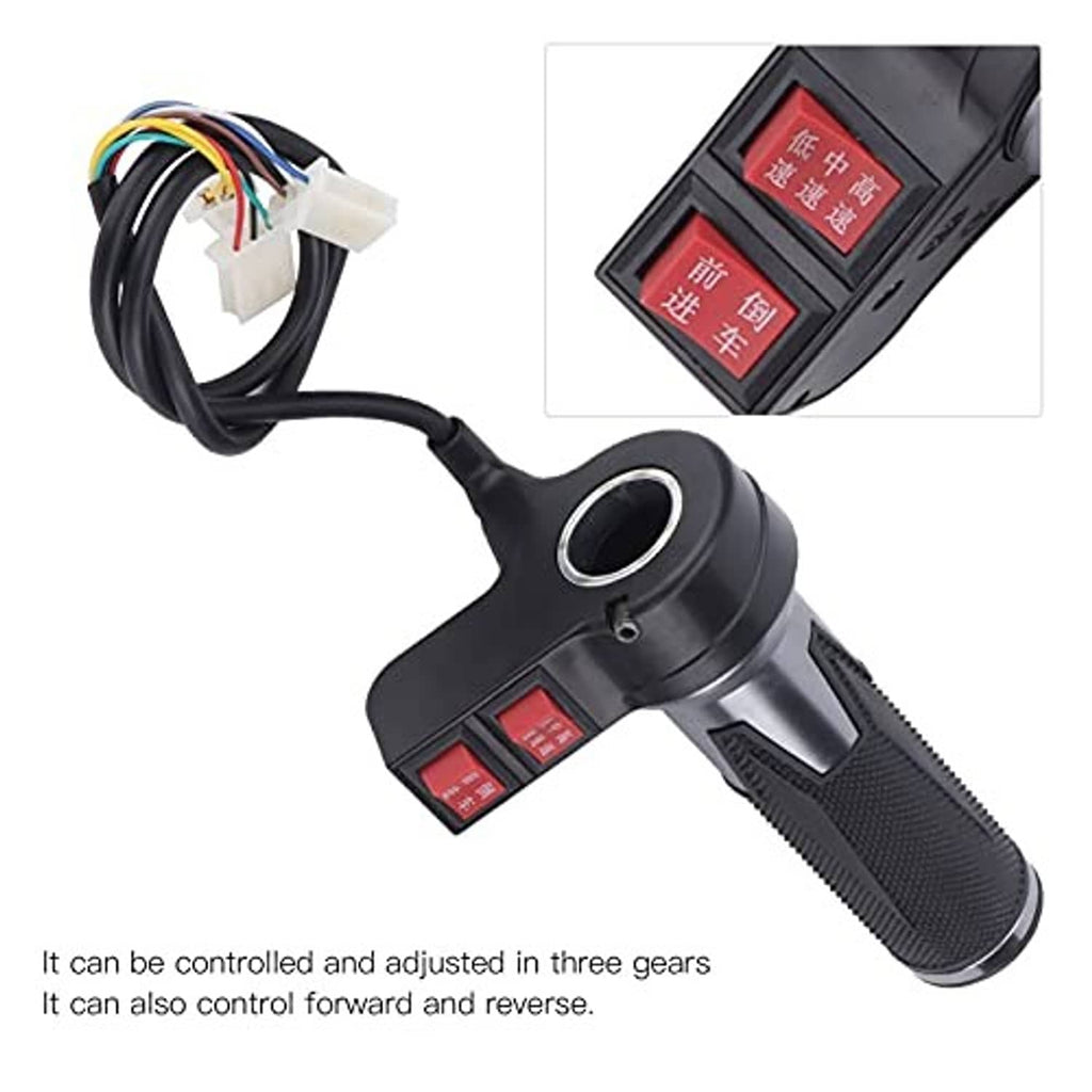 Electric throttle handle with black textured grip, red switch buttons, and cable connector