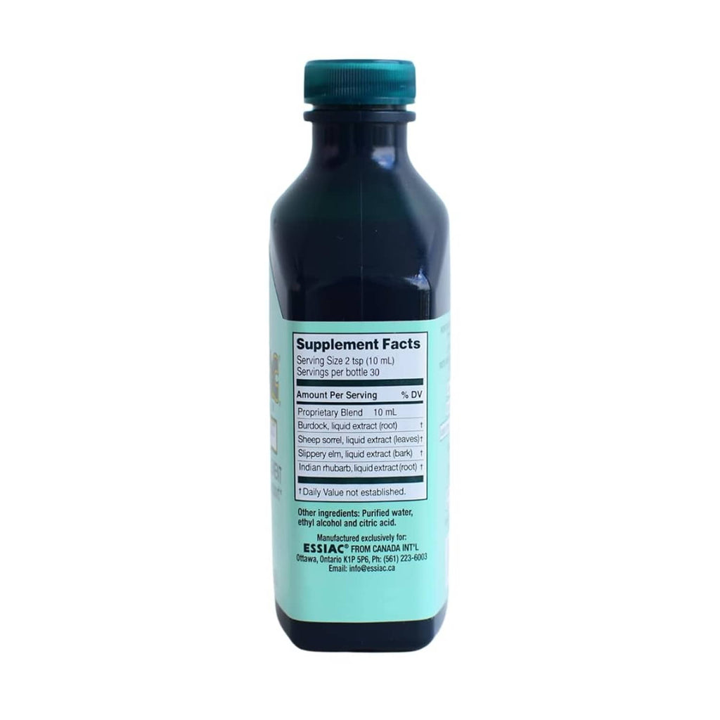 Essiac herbal supplement bottle, back label text on dark bottle with teal band