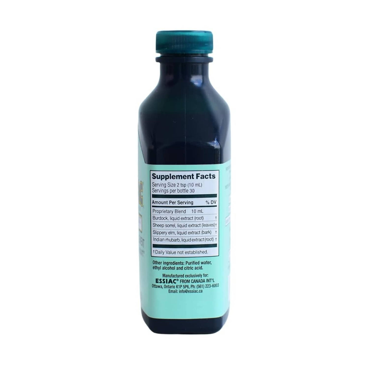 Essiac herbal supplement bottle, back label text on dark bottle with teal band