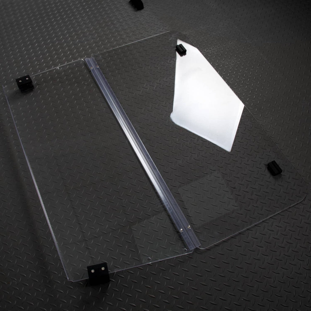 Clear polycarbonate windshield panel with silver frame and black mounting tabs