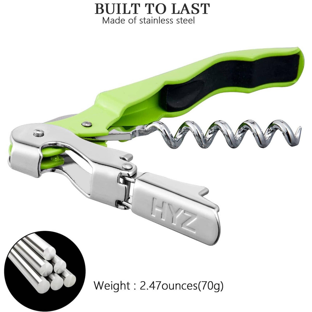 Lime green waiter wine corkscrew key with black grip and exposed cork removal screw.