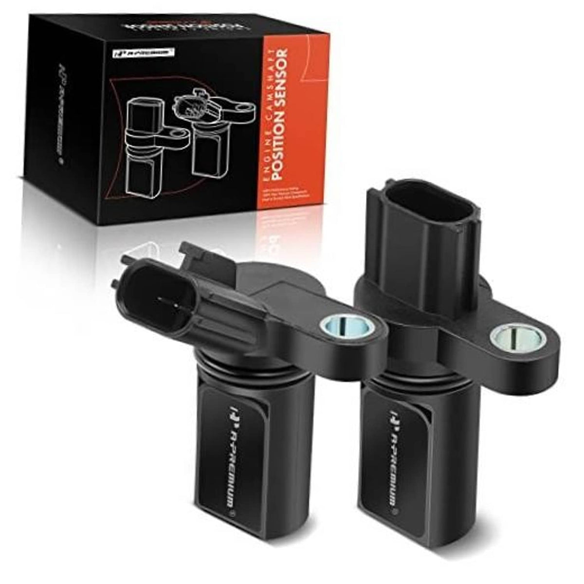 Pair of black camshaft position sensors, left and right with metal mounting tabs