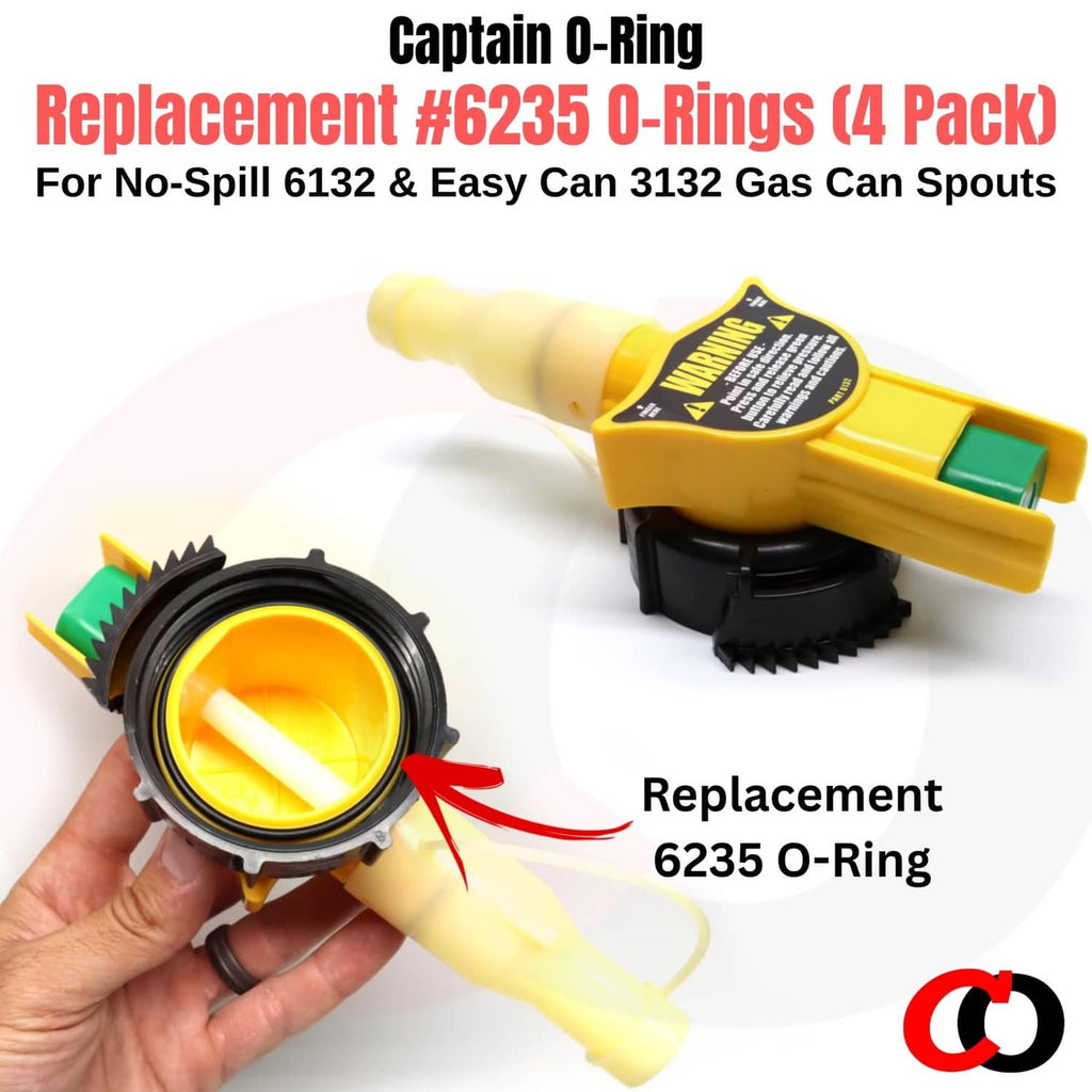 Black 6235 replacement O-ring for gas can nozzle, shown on spout