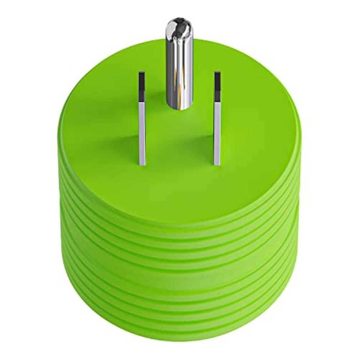 Green cylindrical adapter with two upright metal prongs on flat face