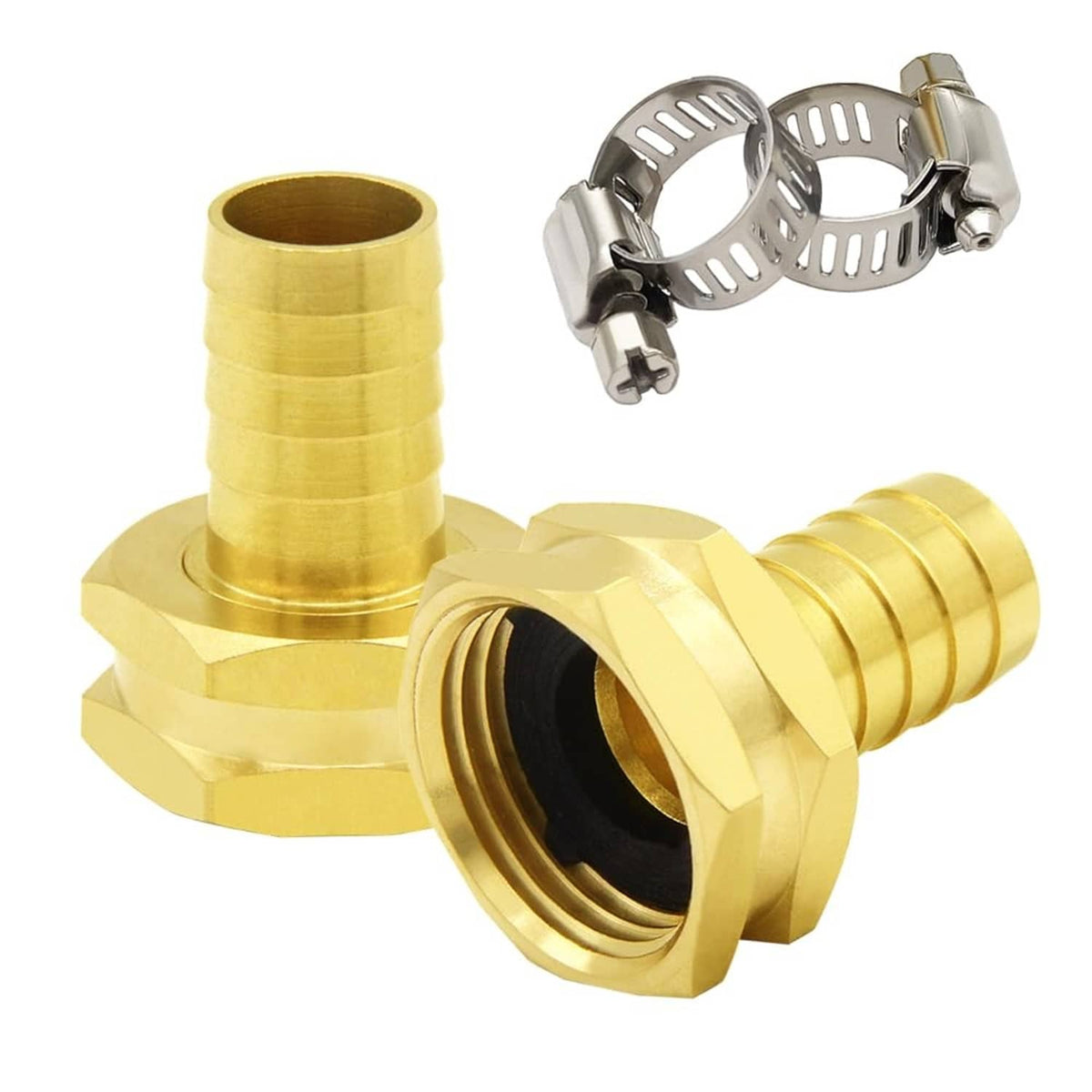 Brass garden hose adapter with female port and barb end; includes hose clamp