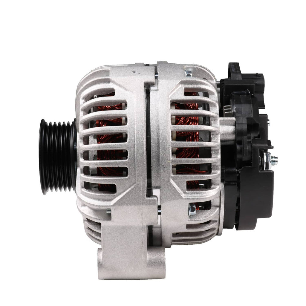 Engine alternator left side view with black pulley threads and vented silver fins