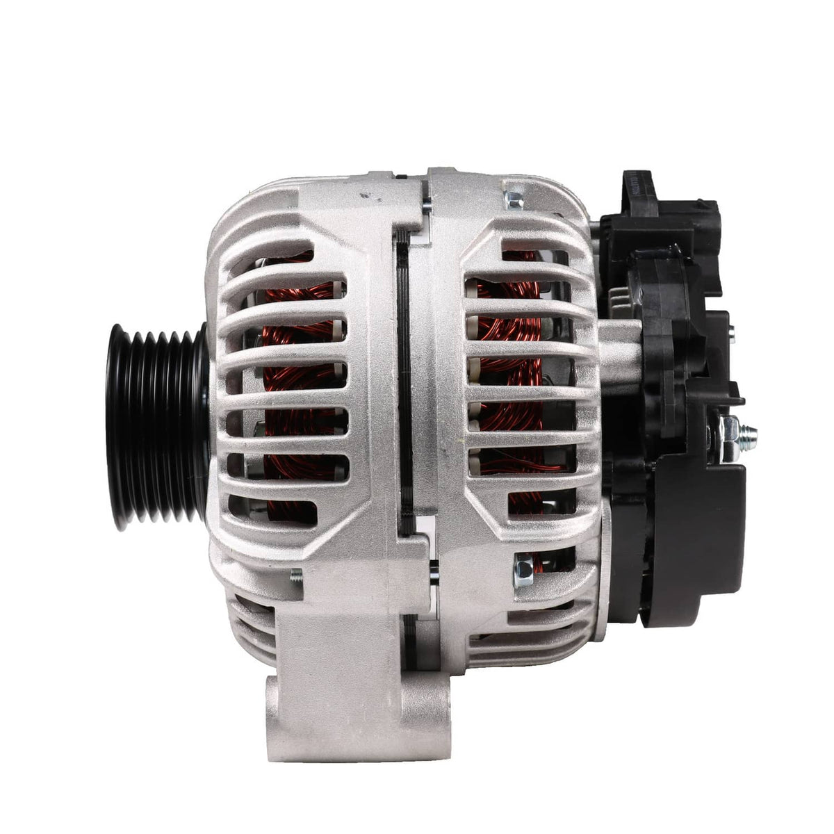Engine alternator left side view with black pulley threads and vented silver fins