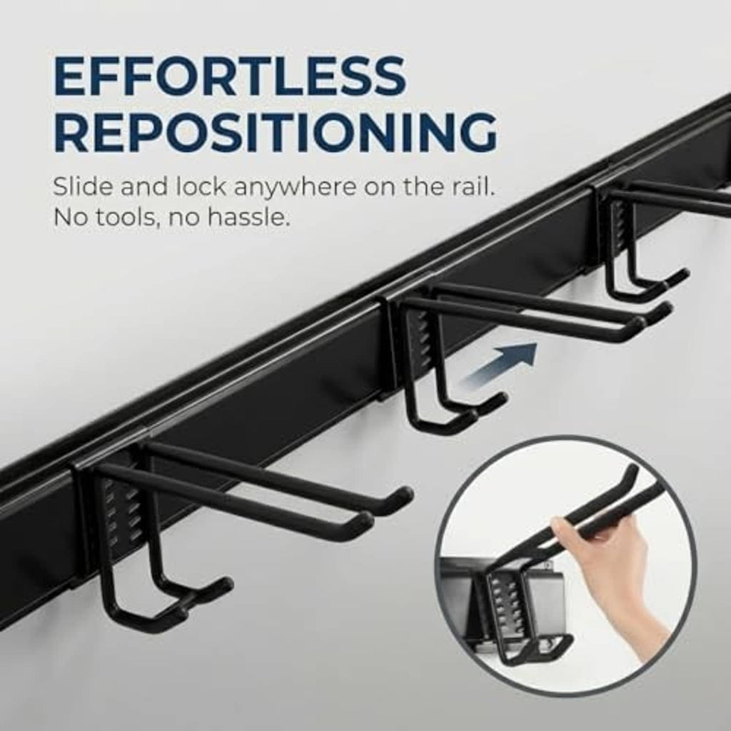 Black tool hooks on rail with adjustable positions for easy tool storage