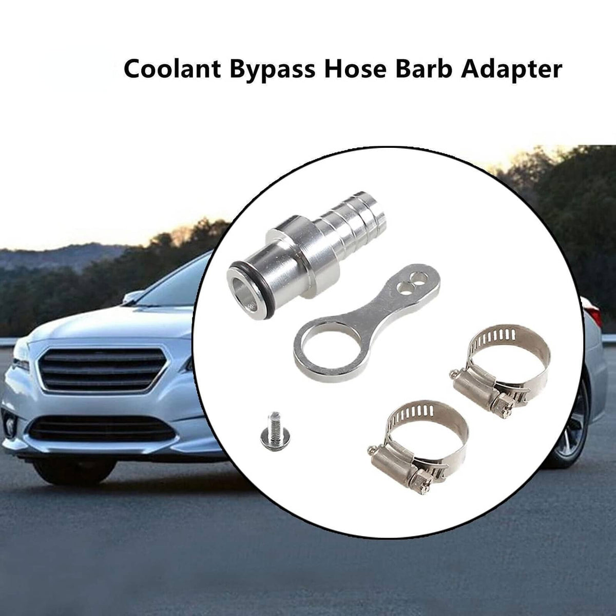 Coolant bypass hose barb adapter set with mounting bracket, two clamps, and bolt