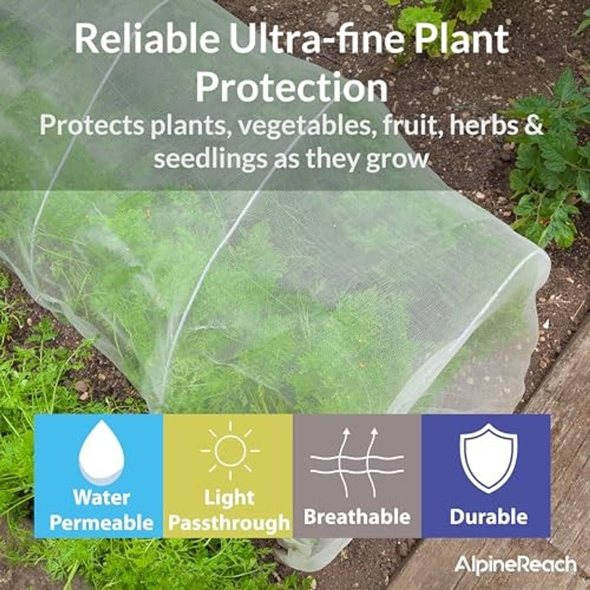 Ultra-fine white garden mesh covering seedlings in a raised garden bed
