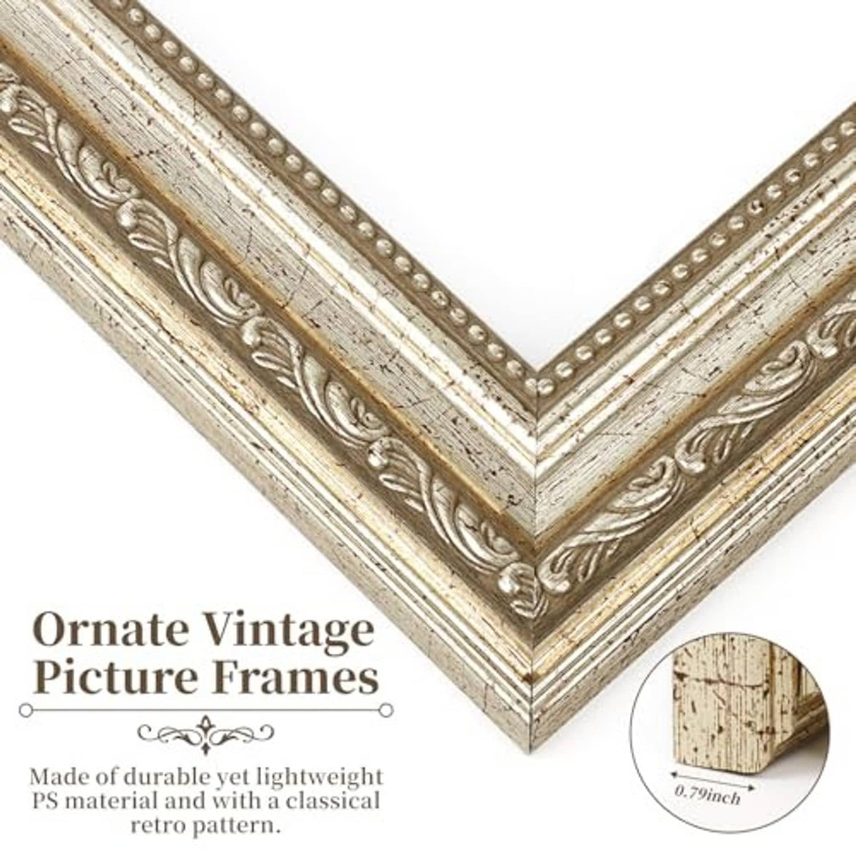 Ornate distressed champagne-silver frame corner with embossed decorative pattern