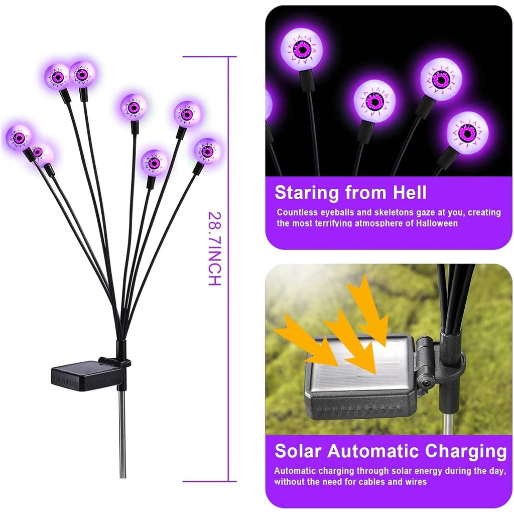 Solar Halloween stake light set with multiple purple LED eye stakes and solar controller