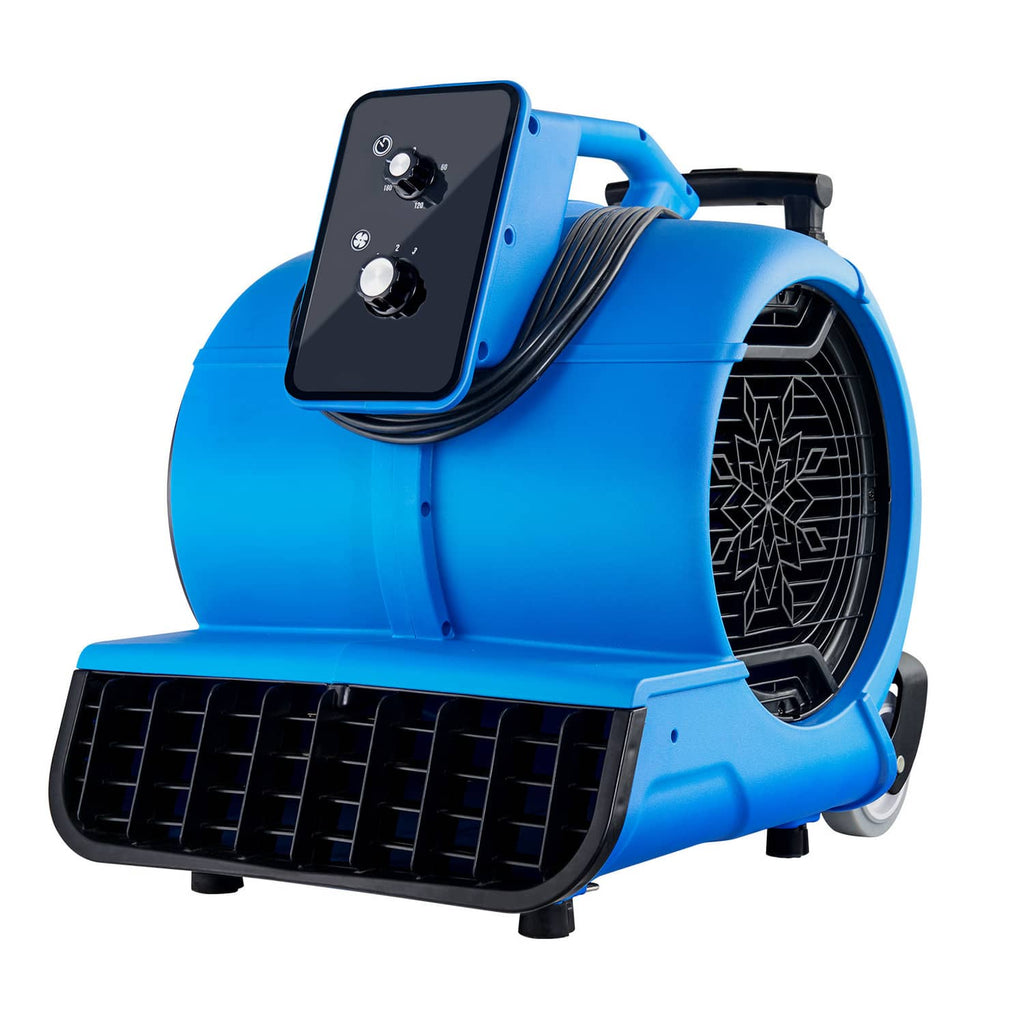 Blue floor blower with black control panel, front fan grille, and angled airflow outlet