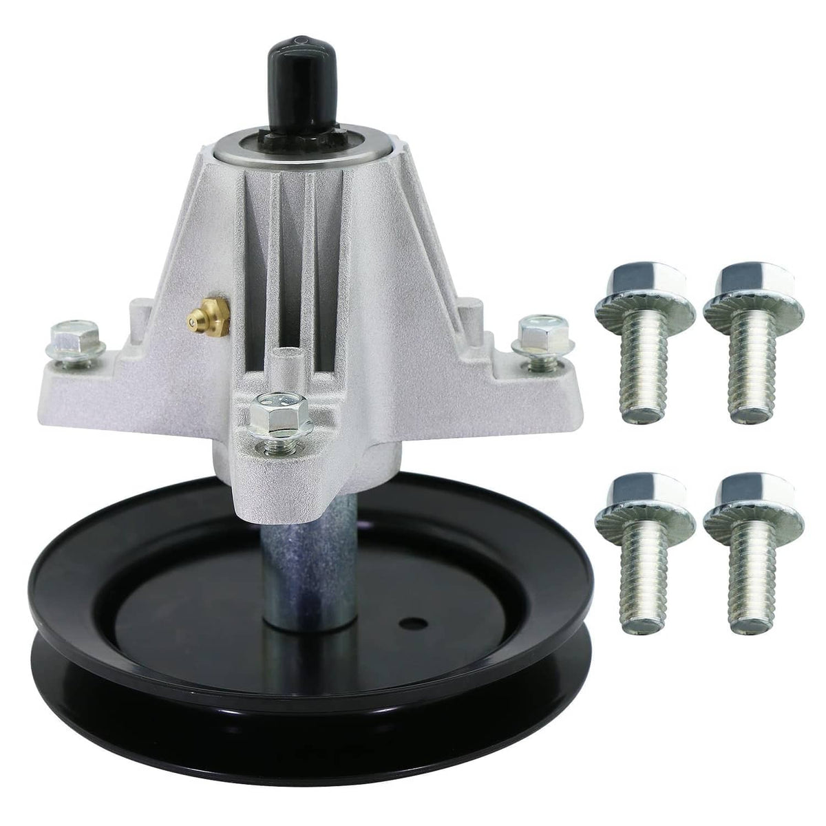 Black pulley wheel with silver mount bracket and mounting bolts