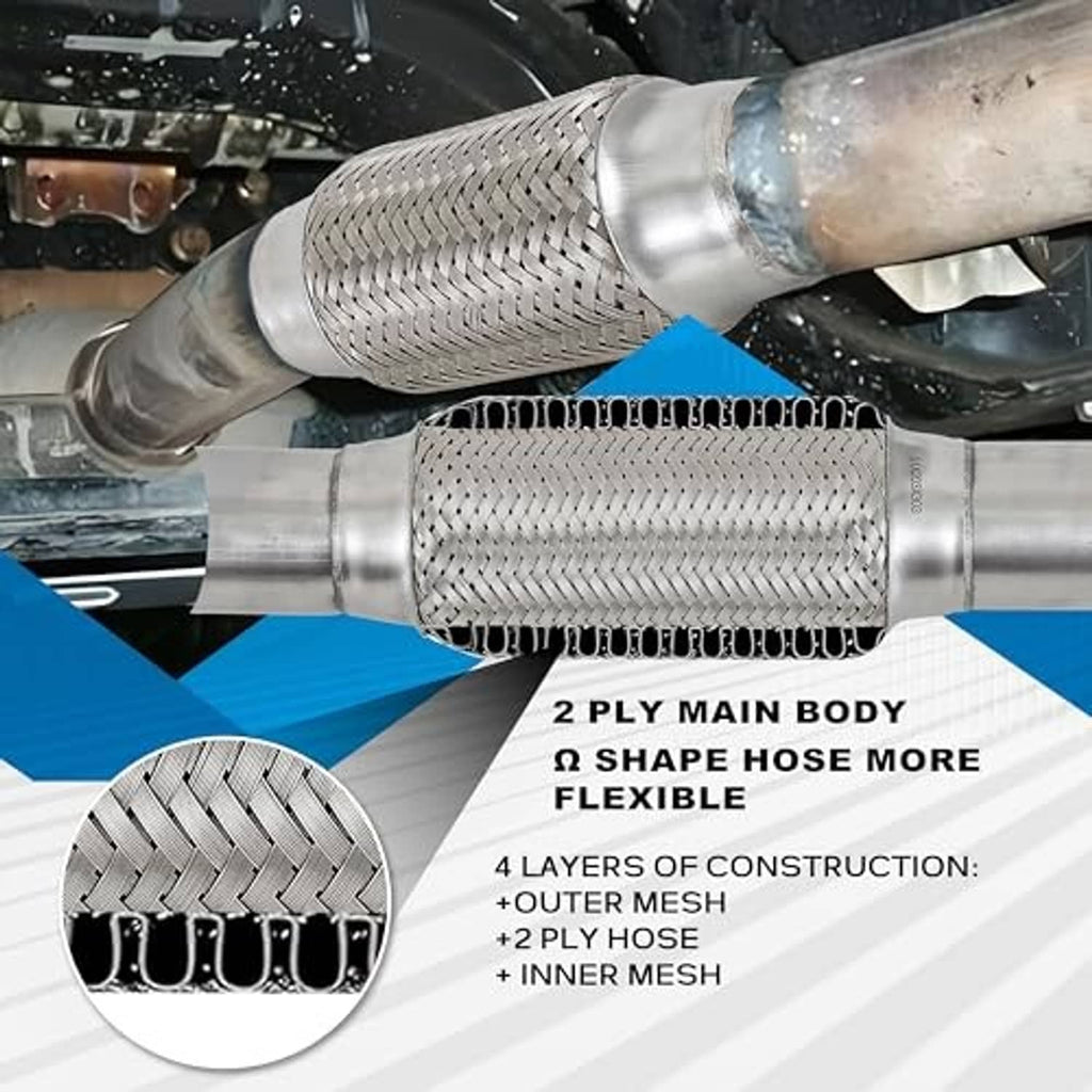 Stainless steel exhaust flex pipe with braided mesh sleeve shown under the vehicle
