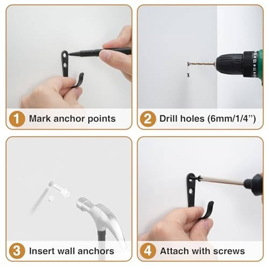 Black wall hook installation sequence showing mounting, drilling, and screw attachment