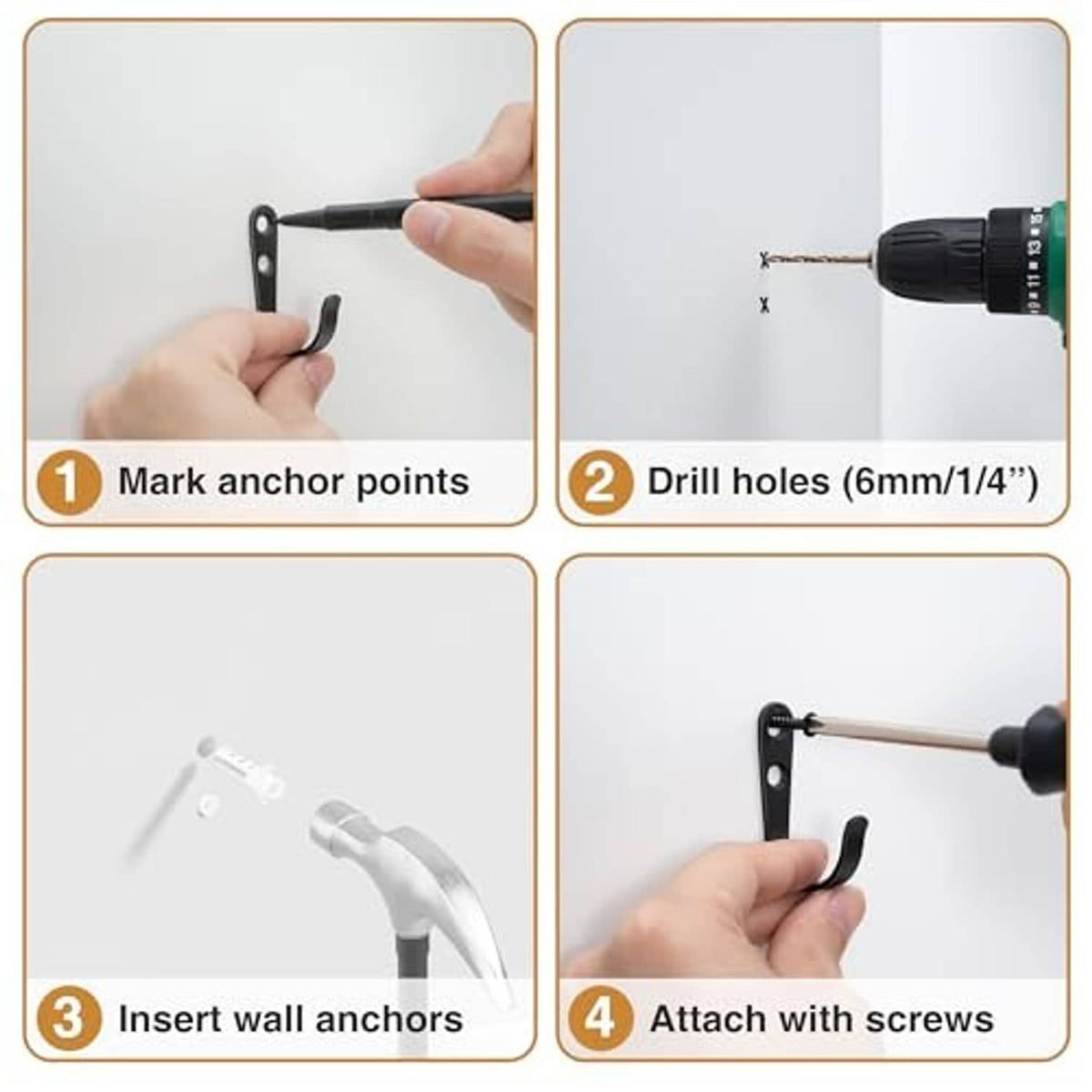 Black wall hook installation sequence showing mounting, drilling, and screw attachment
