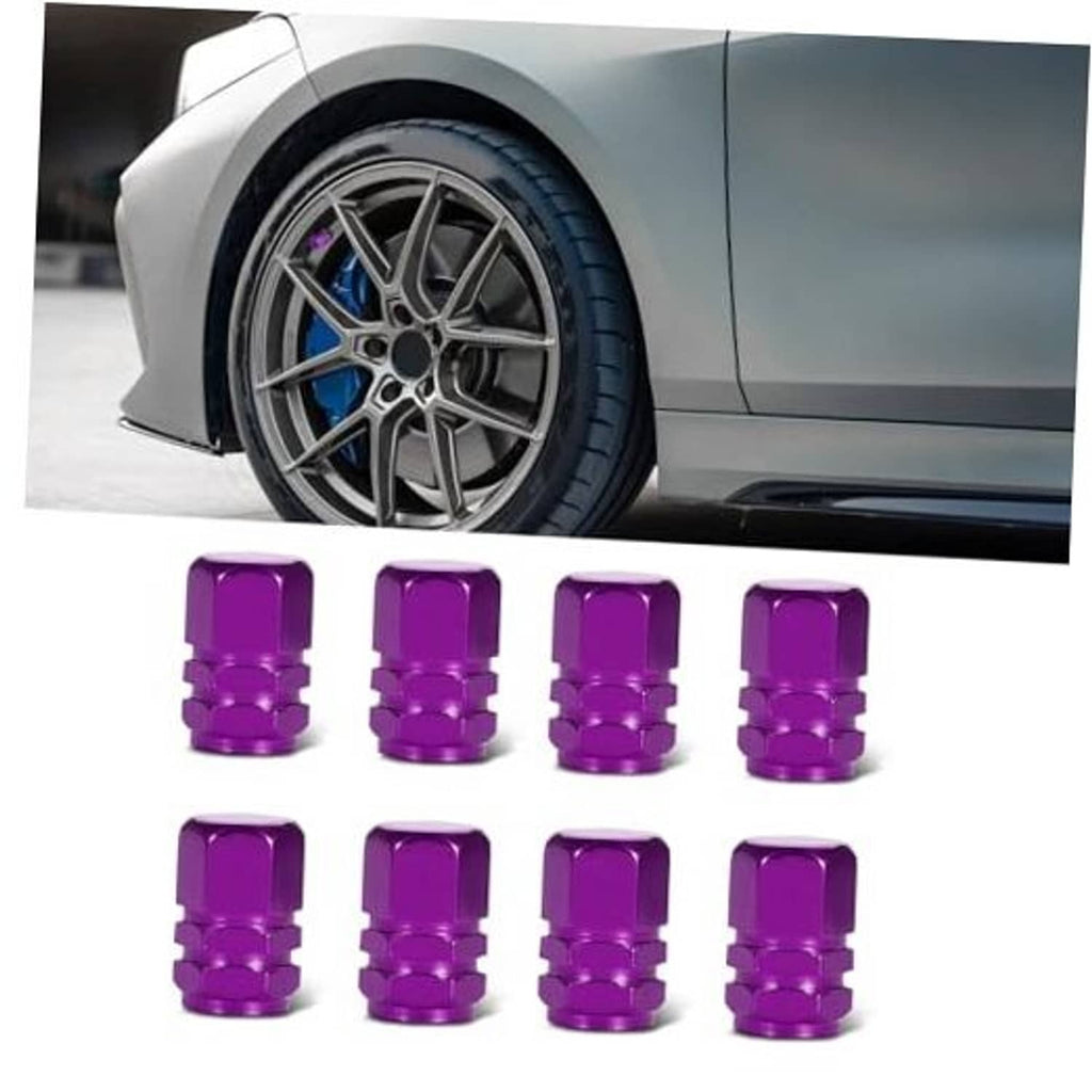 Purple hexagonal tire valve caps set of 8, ribbed metal design