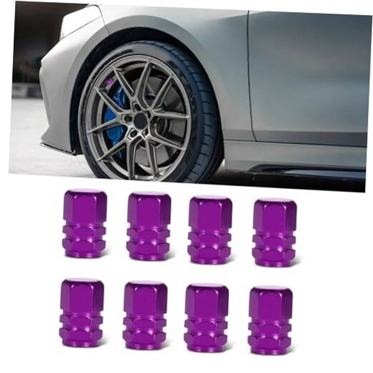 Purple hexagonal tire valve caps set of 8, ribbed metal design