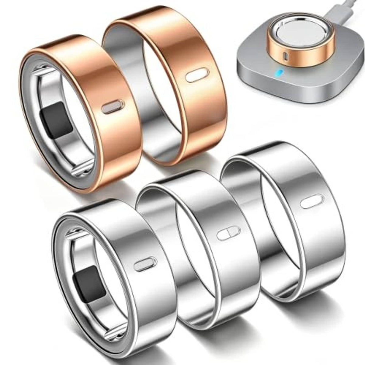 TPU Oura Ring cover set with rose-gold and silver bands, angled front view