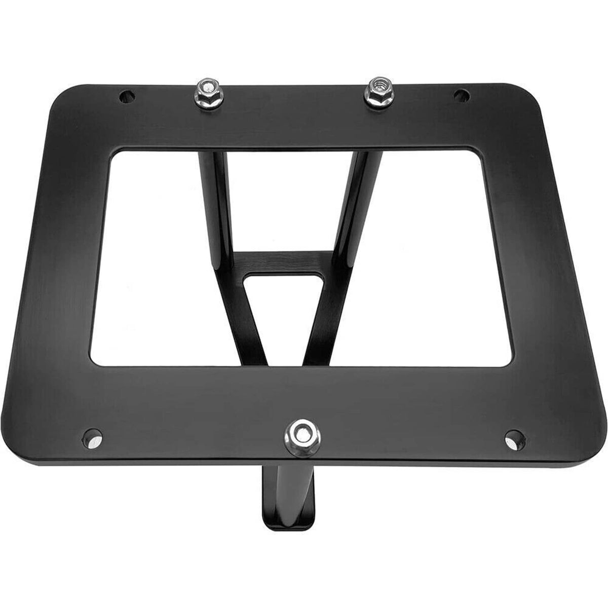 Black aluminum battery mounting tray with center brace and four corner bolts