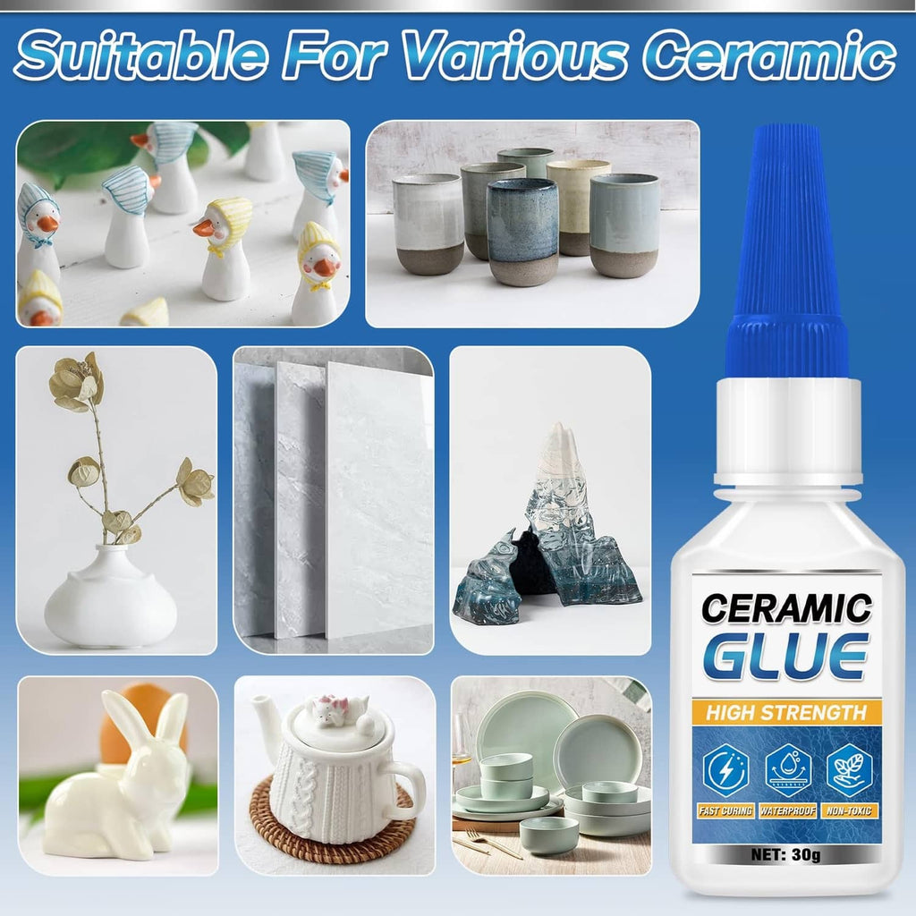 Ceramic glue repair kit for various ceramics, shown with the glue bottle and pottery examples
