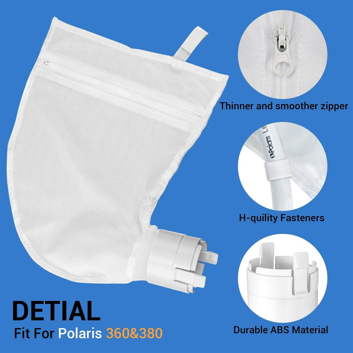 White zippered filter bag set with durable connector base