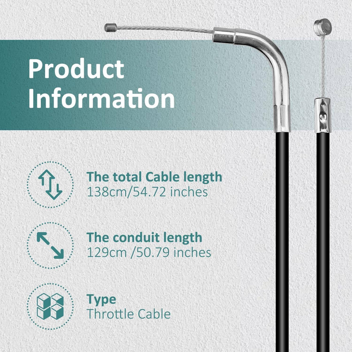 Throttle cable with black housing and silver metal handle-style fittings