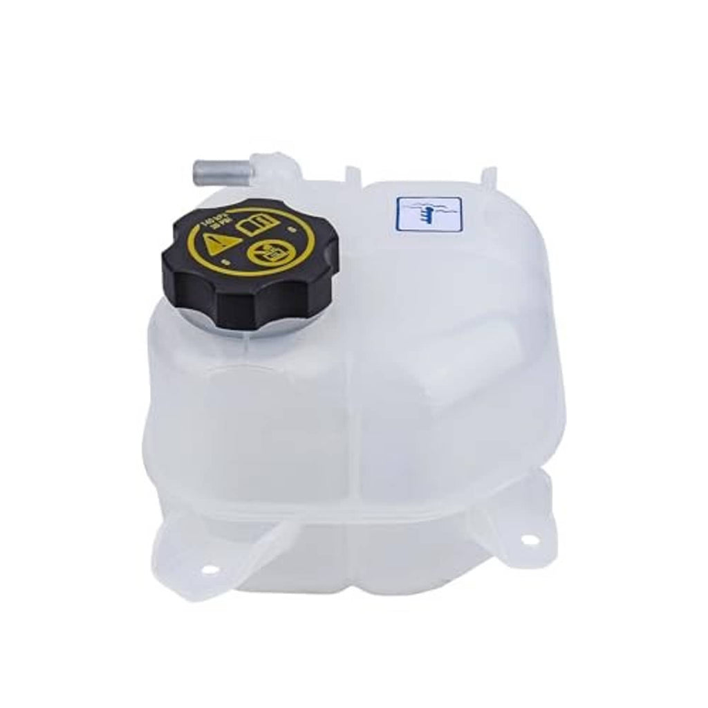 White coolant reservoir tank with black cap and small vent outlet, side view