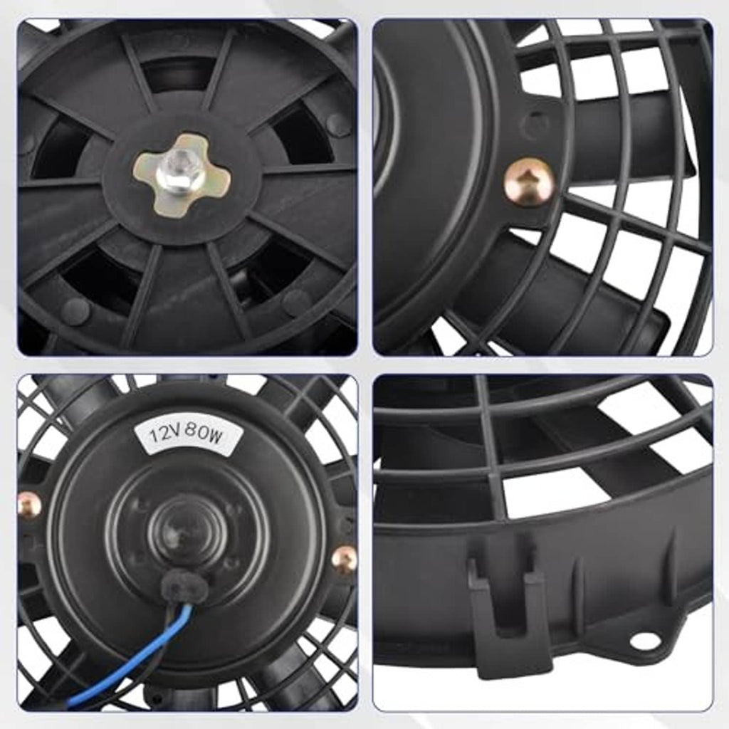 Black 7-inch cooling fan assembly, close-up of grille and mounting bracket