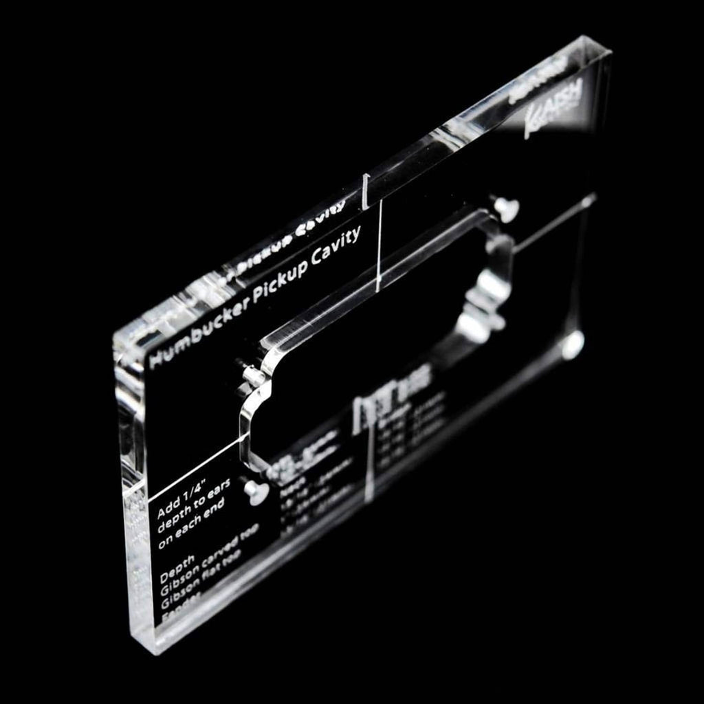 Angled clear acrylic humbucker pickup routing template with printed depth and cavity guide