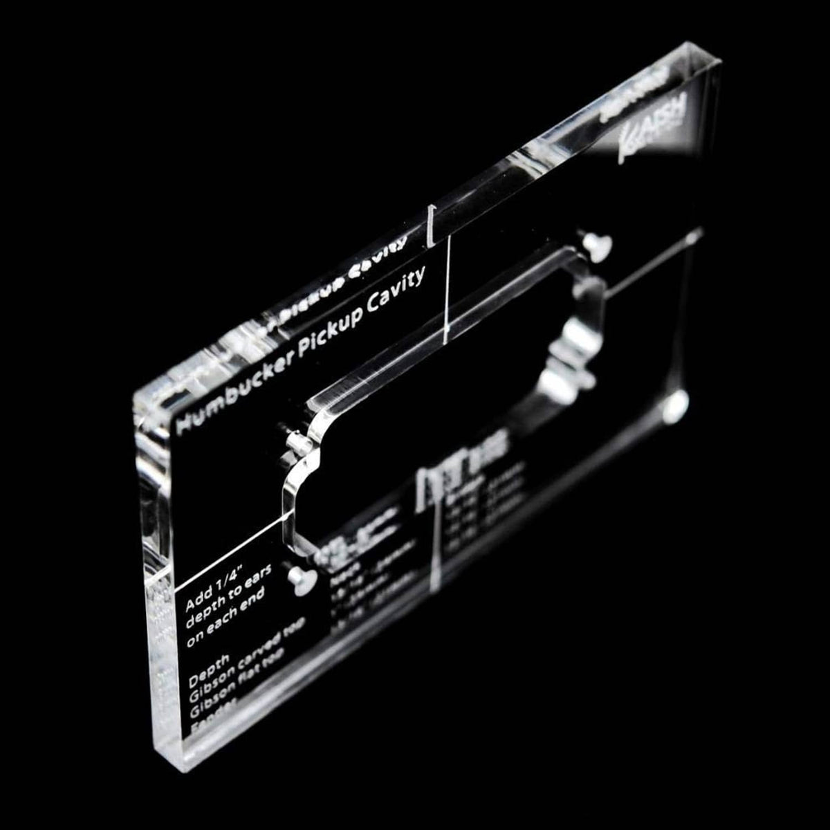 Angled clear acrylic humbucker pickup routing template with printed depth and cavity guide