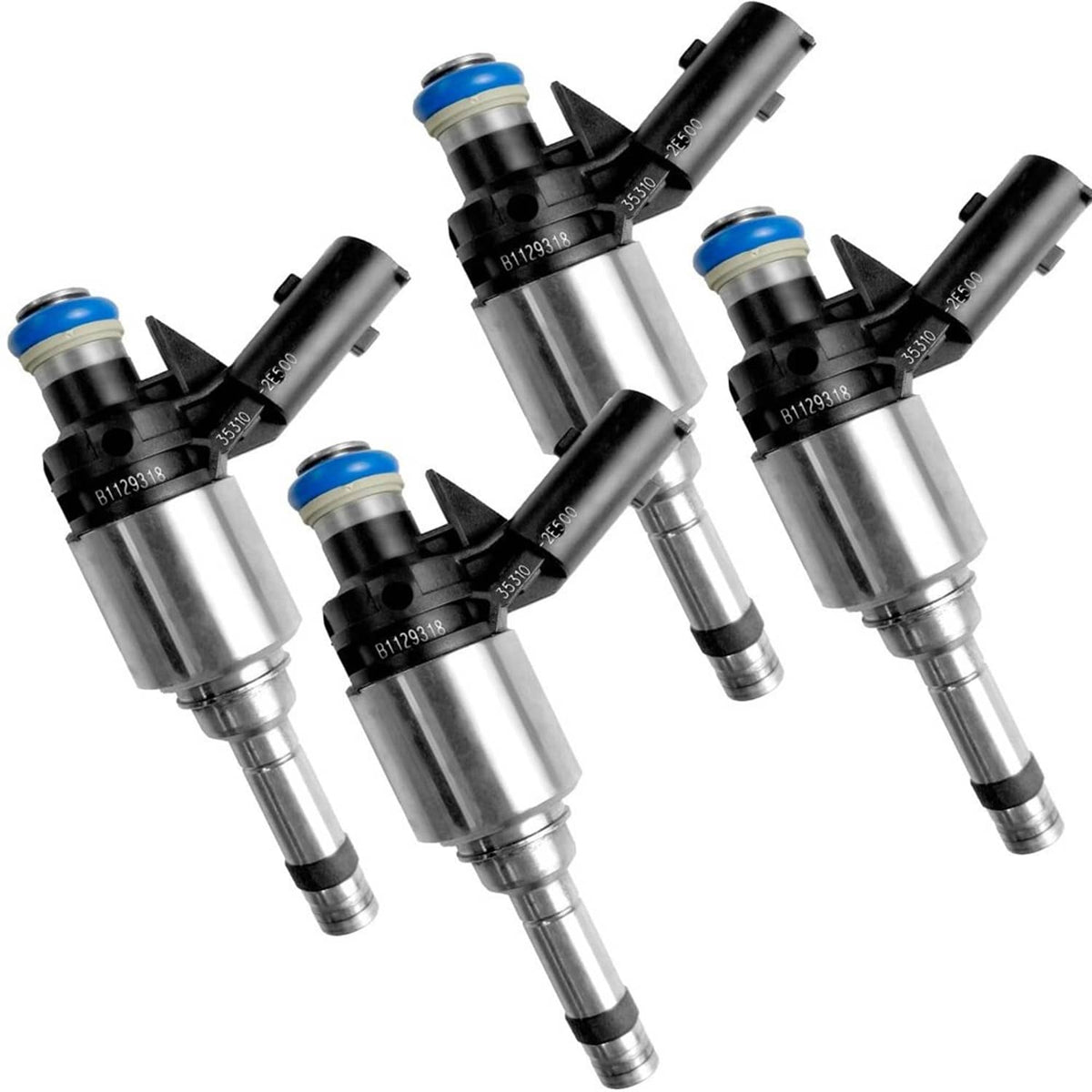 Fuel injector set of several units with blue seals and silver shafts.