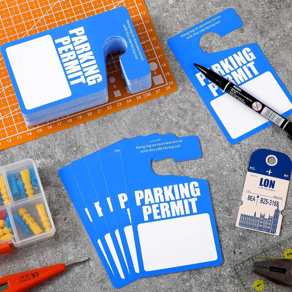 Blue parking permit hang tags bundle with barcode tag and measurement ruler
