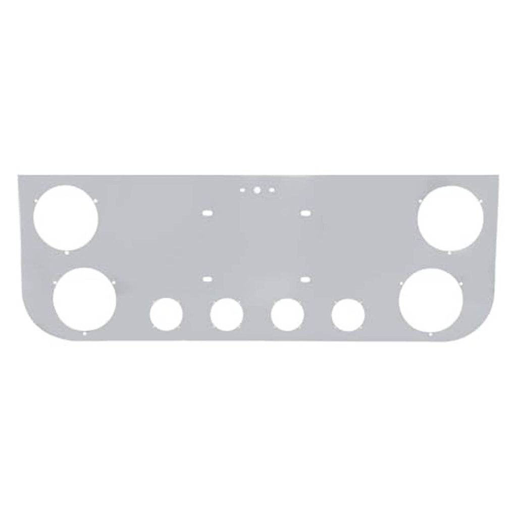 Stainless steel tail light panel with evenly spaced round cutouts and small mounting holes