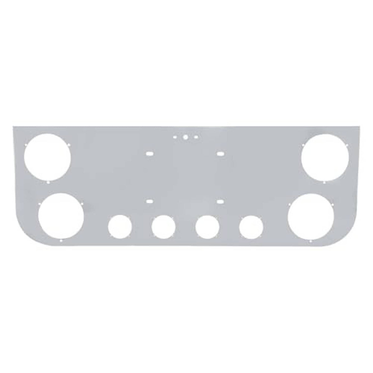 Stainless steel tail light panel with evenly spaced round cutouts and small mounting holes