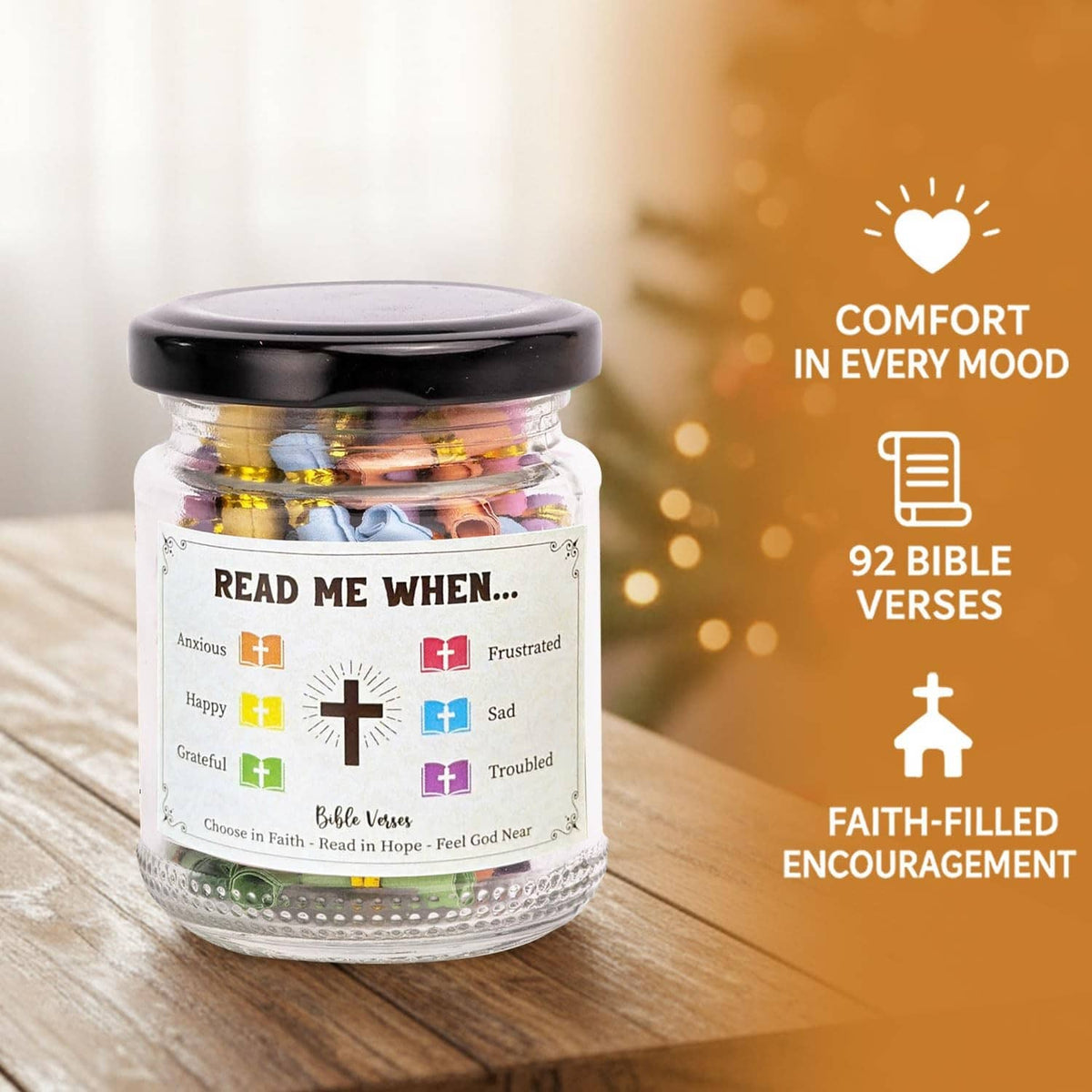 Prayer verse jar with black lid, 'Read Me When' label and cross icons on clear glass