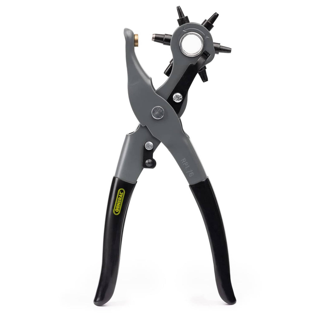 Gray and black leather hole punch pliers with multi-size rotating punch head