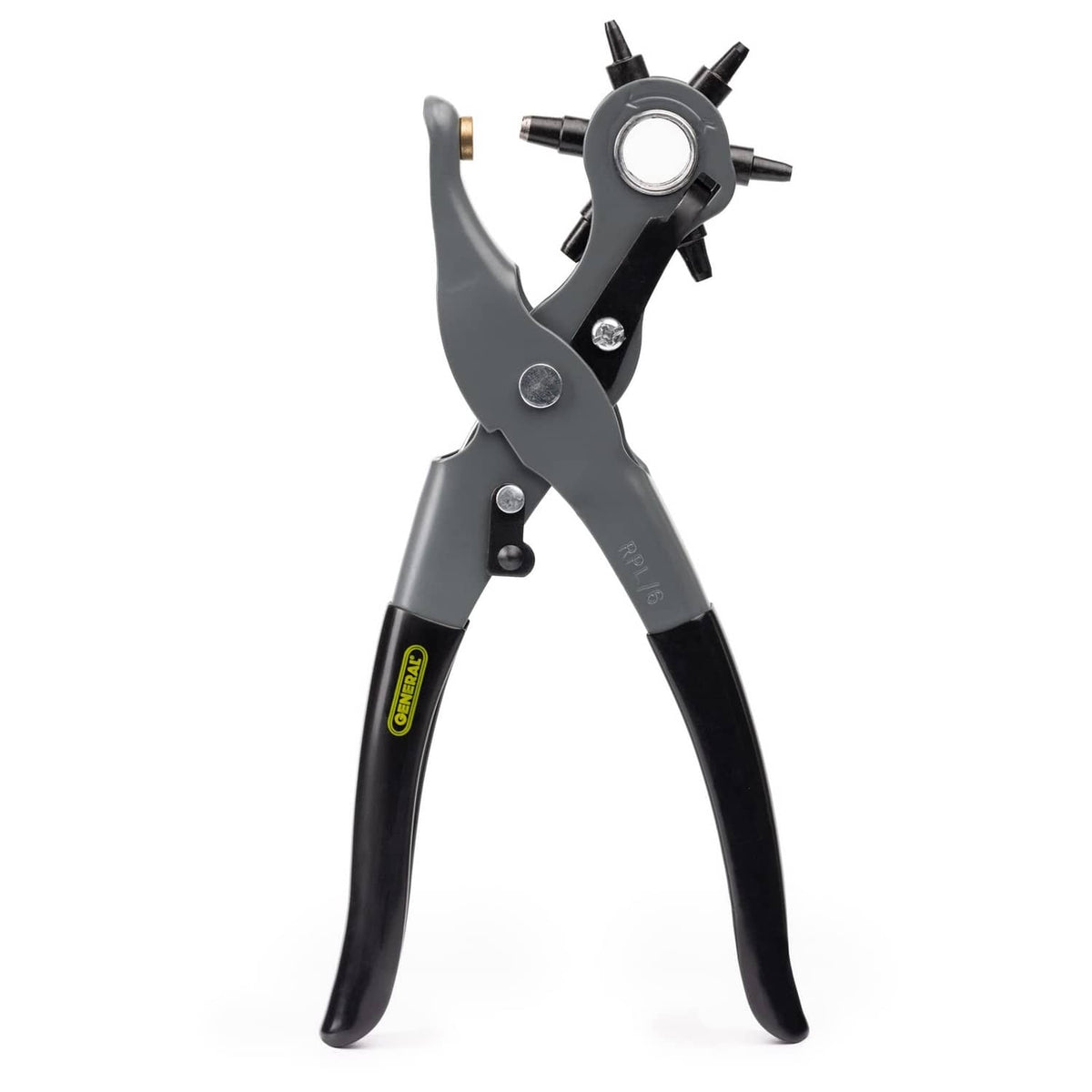 Gray and black leather hole punch pliers with multi-size rotating punch head