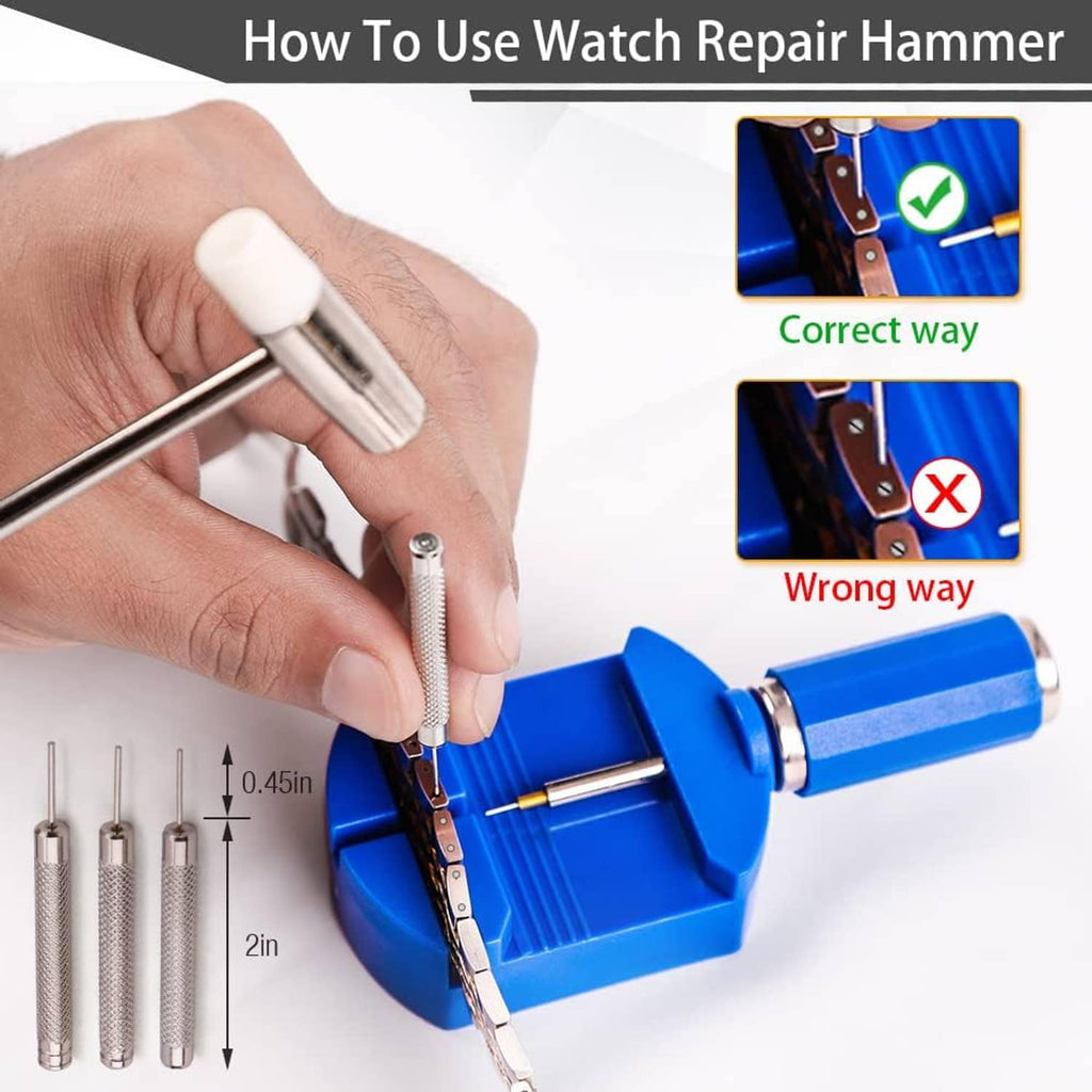 Blue watch strap pin remover with punch, shown being used by hand