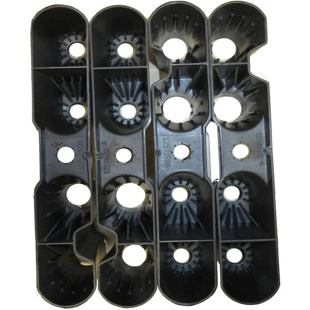 Black plastic lifter tray guides, back side view with round recesses and holes
