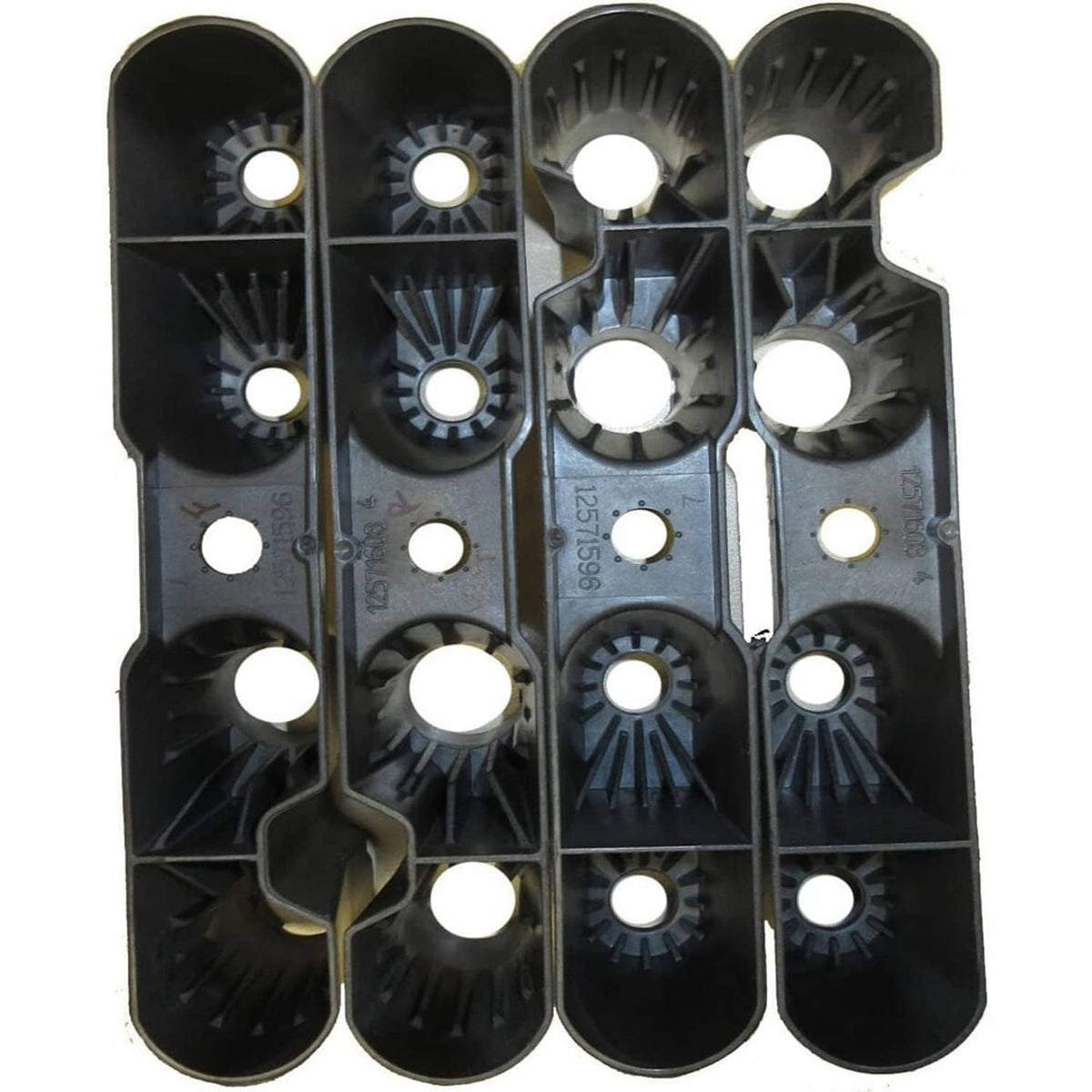 Black plastic lifter tray guides, back side view with round recesses and holes