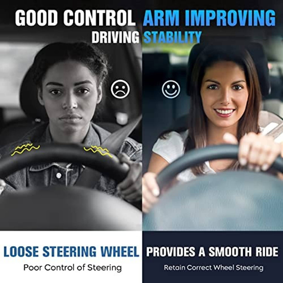 Driver and steering wheel with stability and steering improvement icons on screen