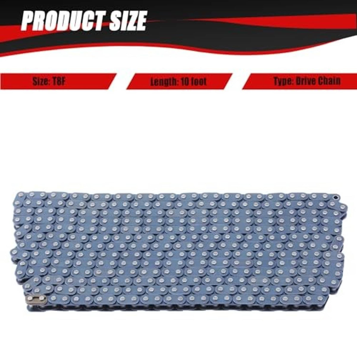 Blue roller drive chain 10-foot strip with connected link plates