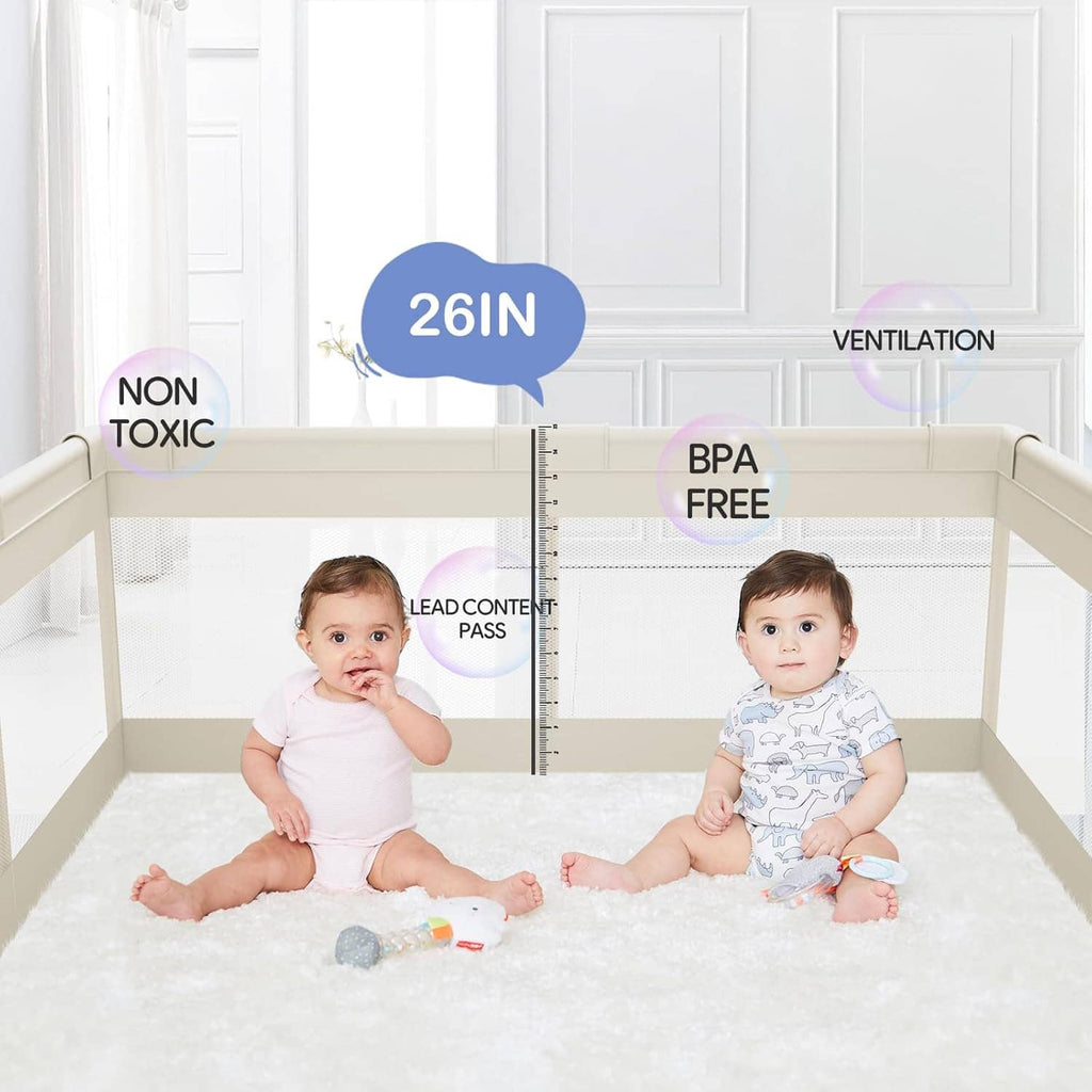 Beige baby playpen with low mesh walls and padded floor, two toddlers playing with toys