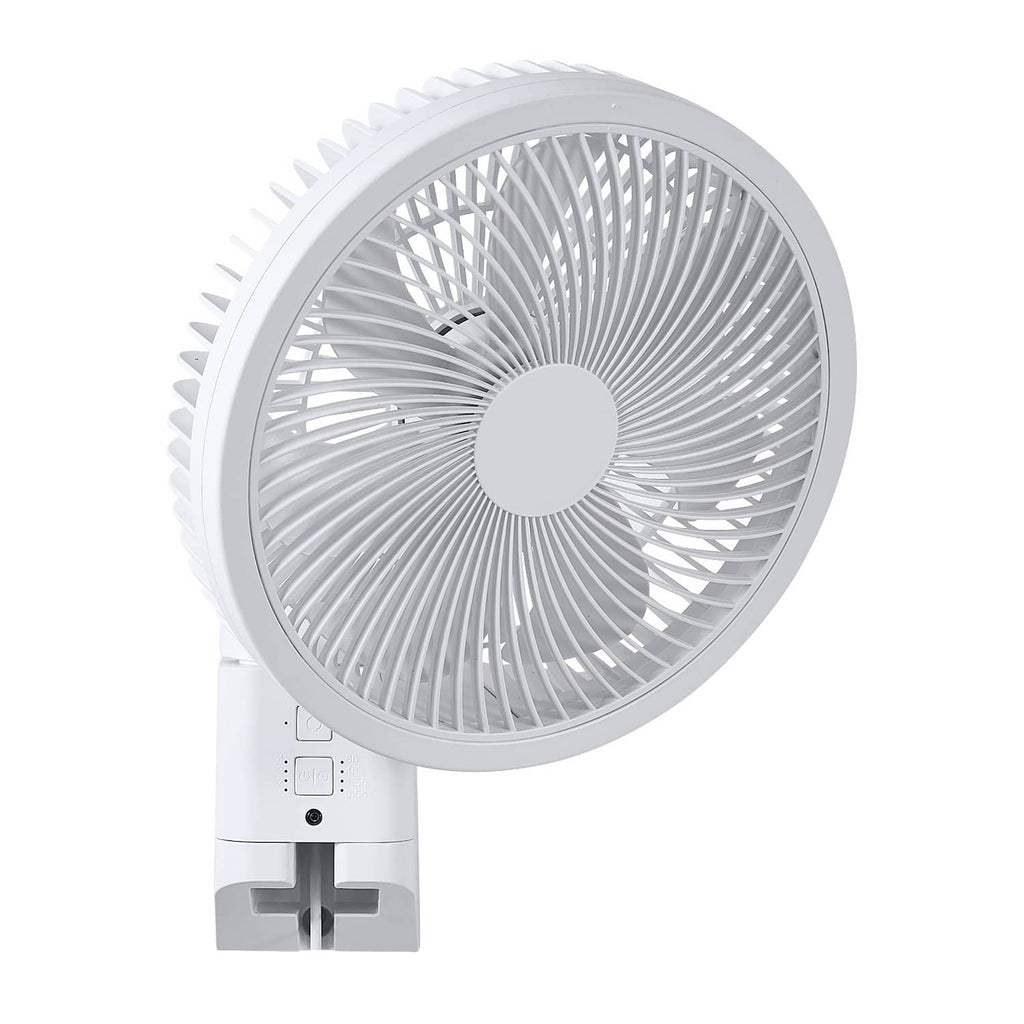 Wall-mounted oscillating fan with white grill and visible blades, angled view