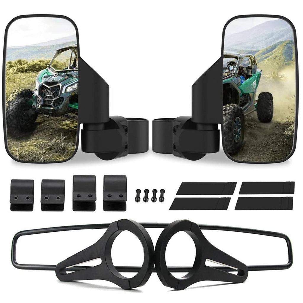 UTV rear view center mirror kit with two side mirrors, clamps, strips, and U-bolt bars