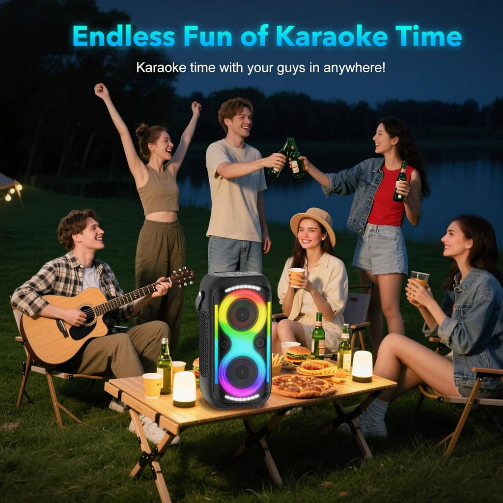 Portable Bluetooth speaker with RGB light rings and top carry handle, black