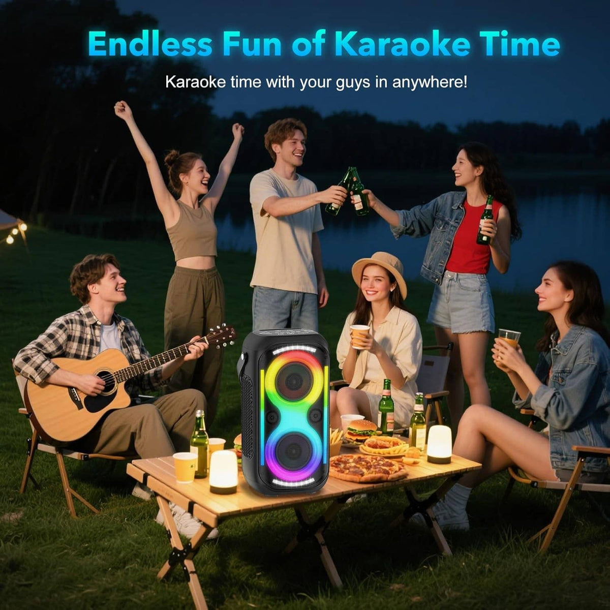 Portable Bluetooth speaker with RGB light rings and top carry handle, black
